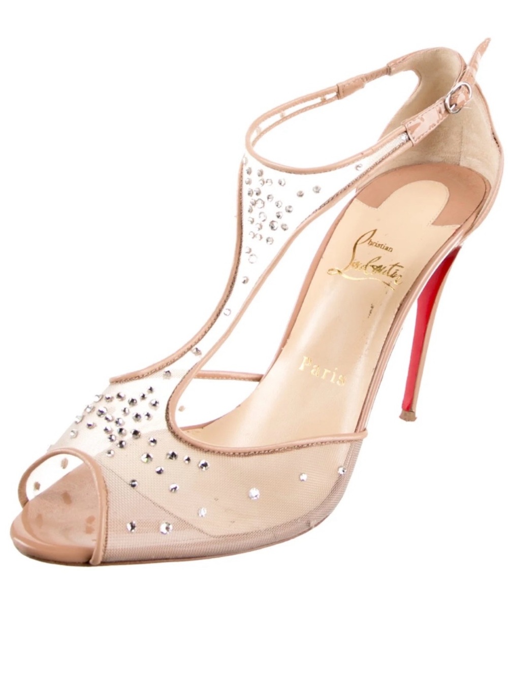 Christian Louboutin Blush Nude T-Strap Crystal Peep-Toe Pump with Red Heel